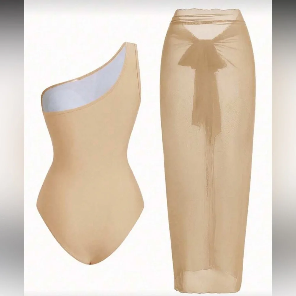 NWOT One-Shoulder Tan Swimsuit and Cover-Up Set size Extra Large - Picture 2 of 5